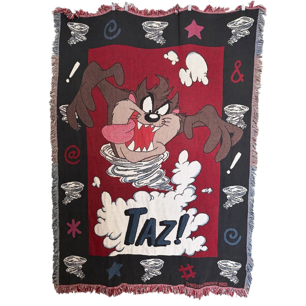 Vintage 1996 Warner Bros Taz Tasmanian Devil Woven Tapestry Throw Blanket 46x66
